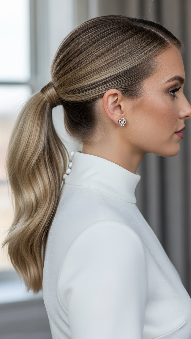 Woman with sleek polished mid-crown ponytail complementing elegant jewel neckline dress in elegant indoor setting