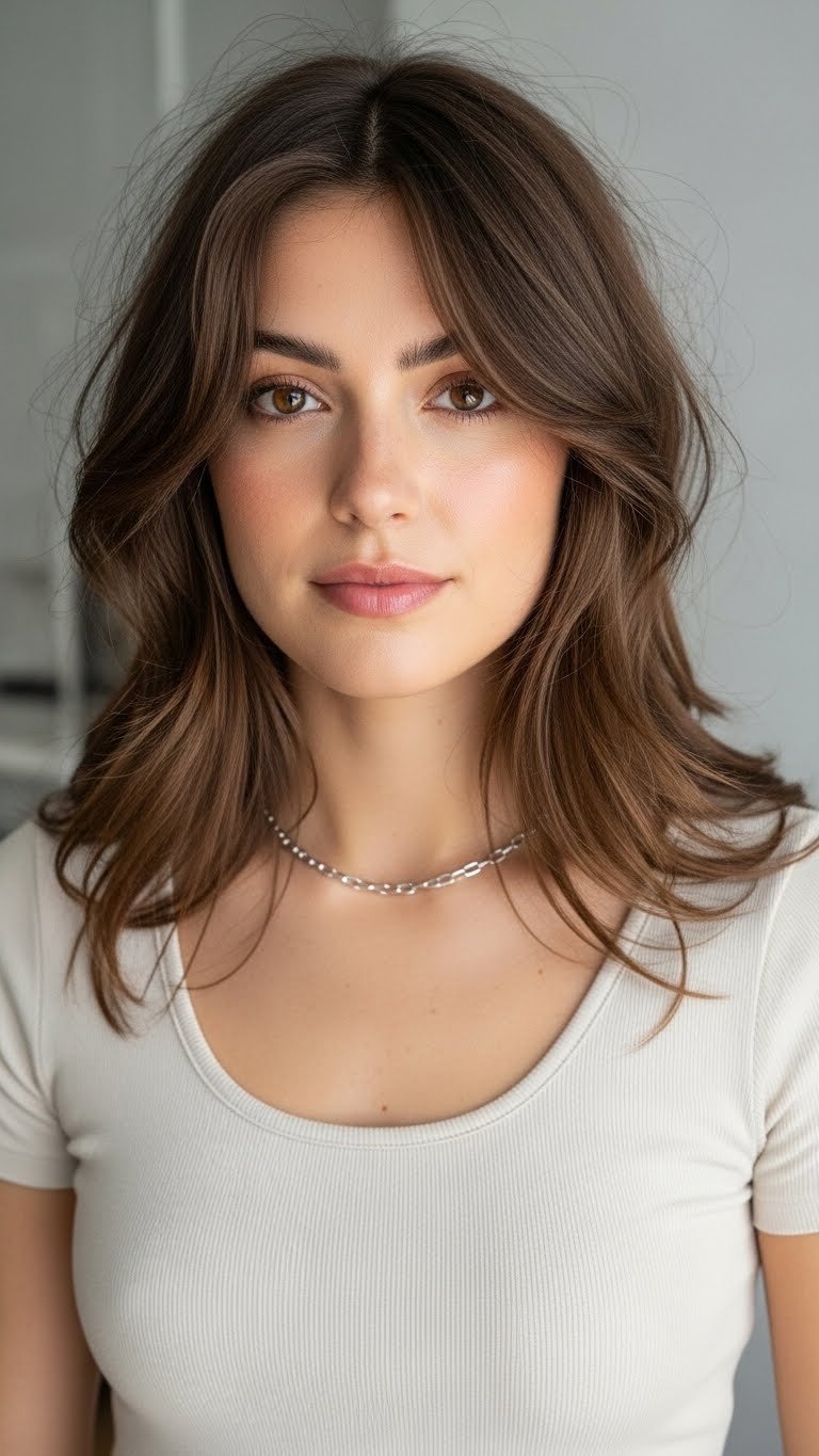 Woman with soft face-framing layers and natural waves complementing comfortable scoop neck top in casual indoor setting