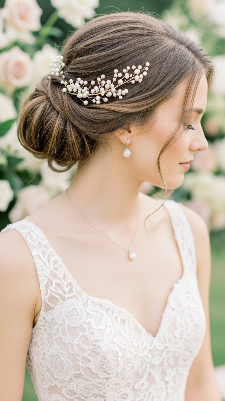 Woman with soft romantic updo hairstyle featuring delicate tendrils complementing dreamy sweetheart neckline dress in bridal setting