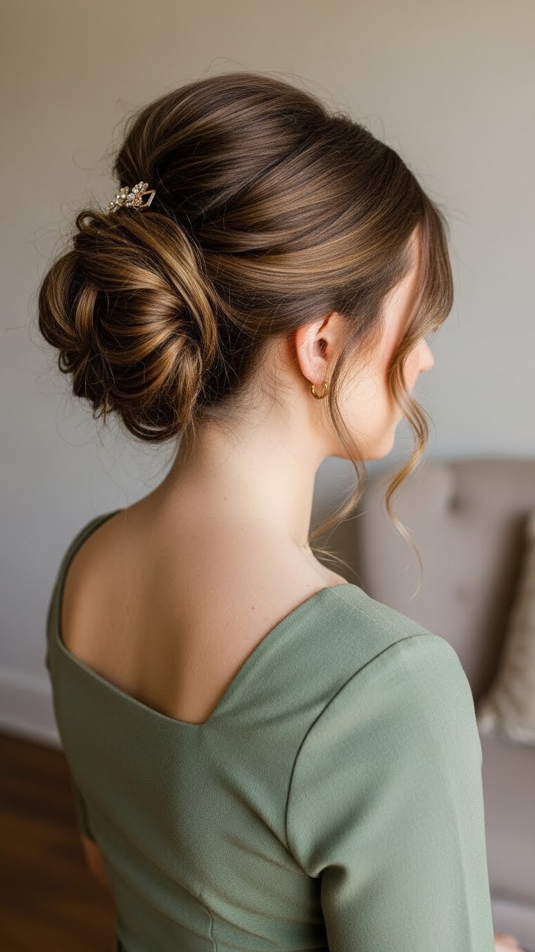 Woman with textured half-updo and square neckline top in cozy living room with soft golden lighting