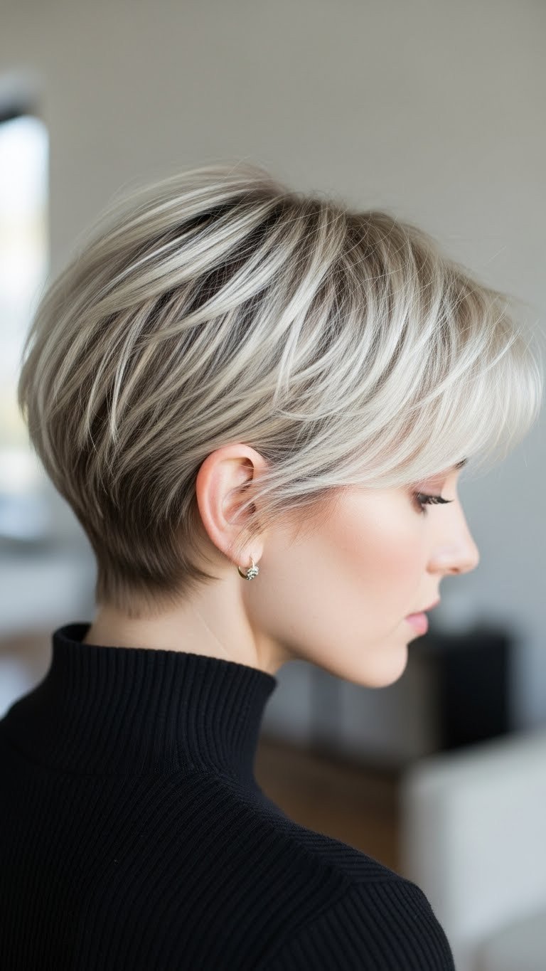 Woman with textured pixie cut showcasing voluminous layers for thin hair in soft natural light against minimalist background