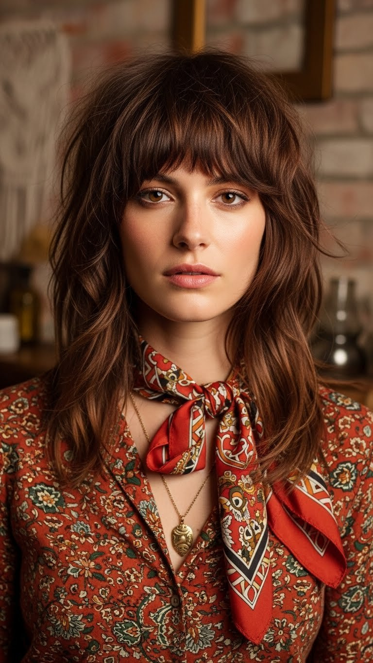 Woman with triangular face shape displaying layered shag haircut with volume in bohemian-chic vintage-inspired setting.