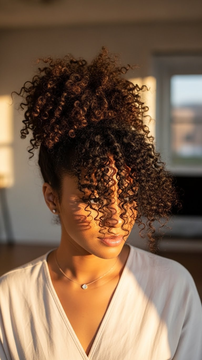 Woman with voluminous 3c curly hair styled in elegant pineapple updo against minimalist room interior