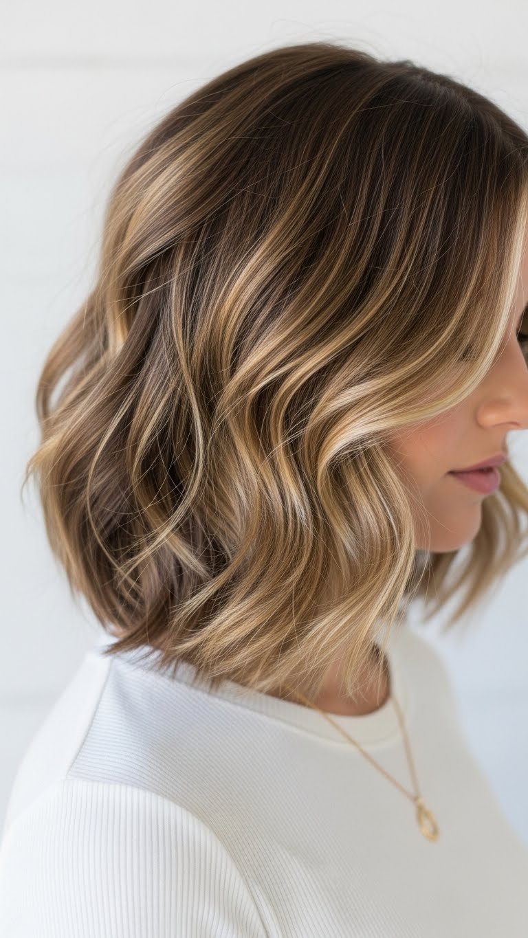 Woman with voluminous textured lob haircut showcasing soft layers and root lift in natural window light