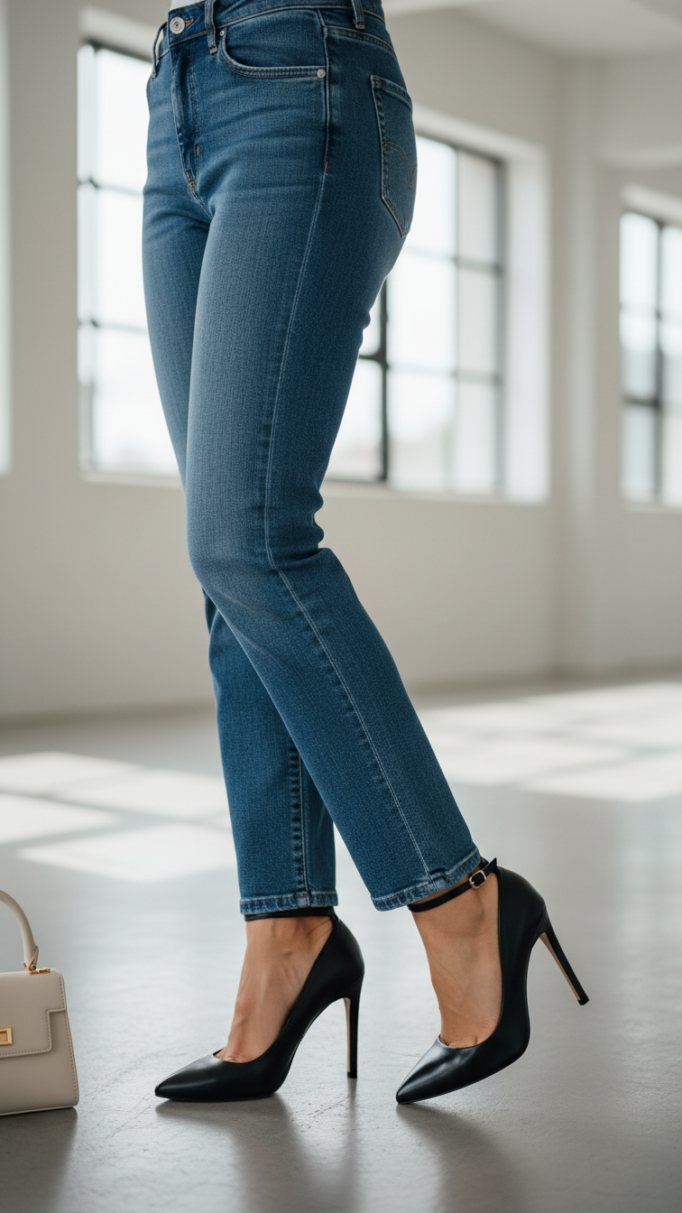 Woman's chic outfit featuring blue straight-leg denim jeans and pointed-toe black stiletto heels on polished concrete floor with soft natural lighting.