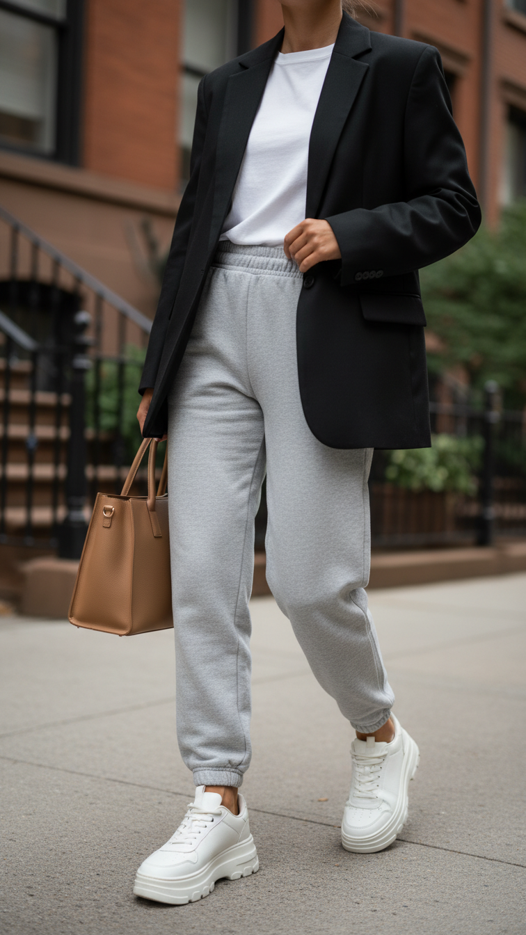 Woman's chic street style featuring high-waisted grey sweatpants with oversized black blazer and chunky white sneakers on urban sidewalk