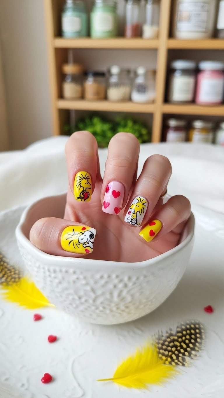 Woodstock lovebird nail design with yellow and pink colors featuring Peanuts characters