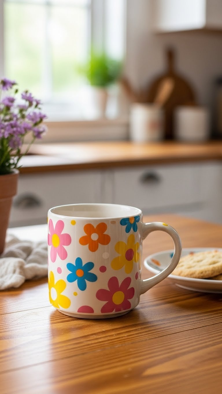 Y2K handmade ceramic mug featuring chunky floral patterns and whimsical blob art designs in warm cream and sunny yellow
