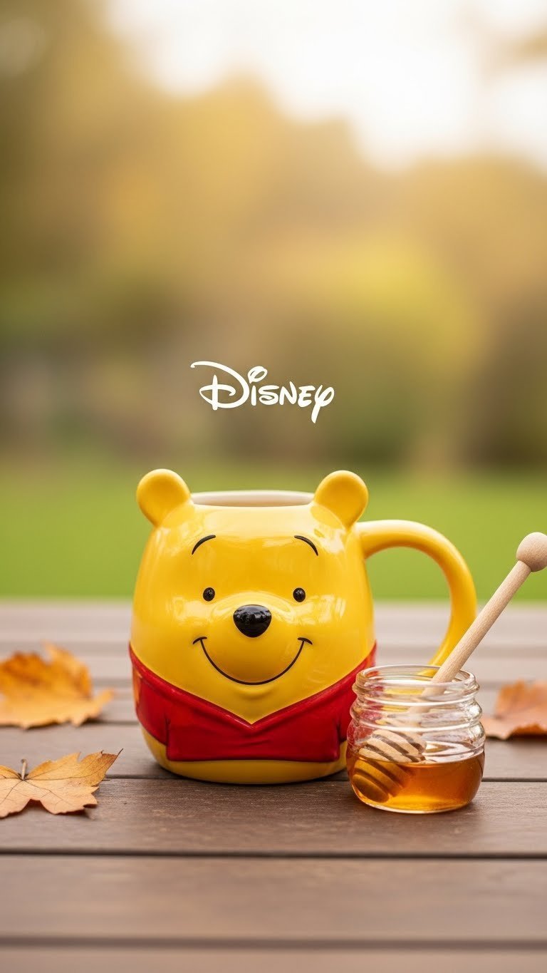 Yellow ceramic mug featuring friendly Winnie the Pooh face painted with vibrant colors on rustic wooden table