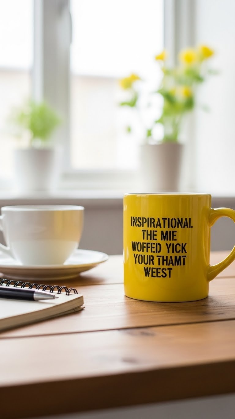 Yellow mug with inspirational quote stencil on rustic wooden table with coffee steam and notebook