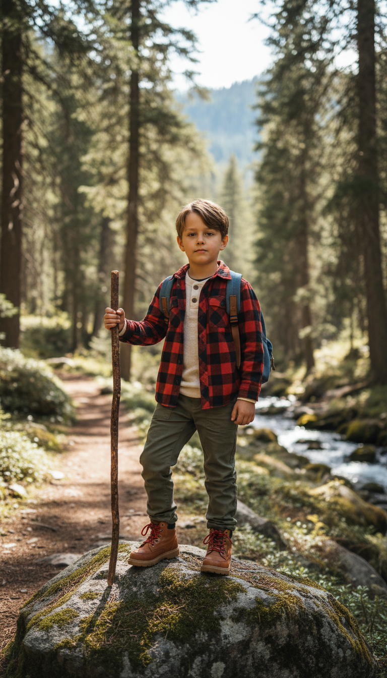 Young boy in outdoor hiking gear standing on mossy rock with forest trail background
