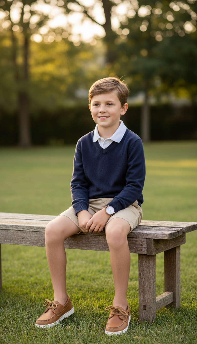 Young boy in preppy outfit sitting on wooden bench during golden hour with classic watch visible