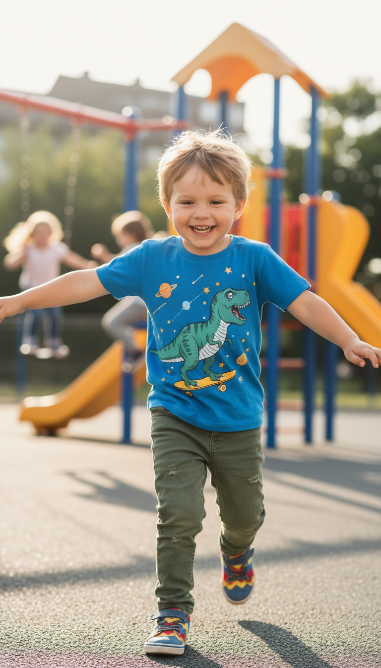 Young boy wearing playful graphic t-shirt and colored jeans running in backyard playground