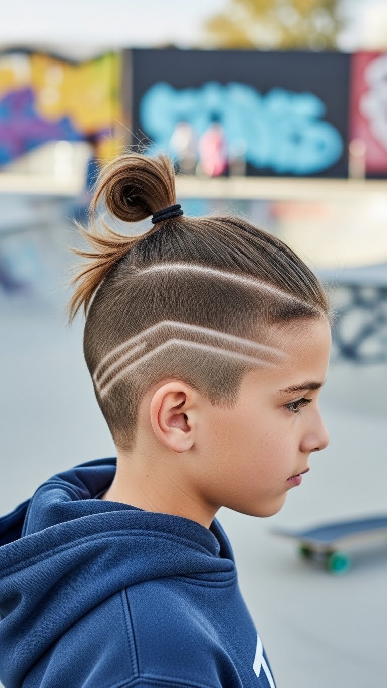 Young boy's cool top knot with precise gel design in modern urban setting with graffiti art background.