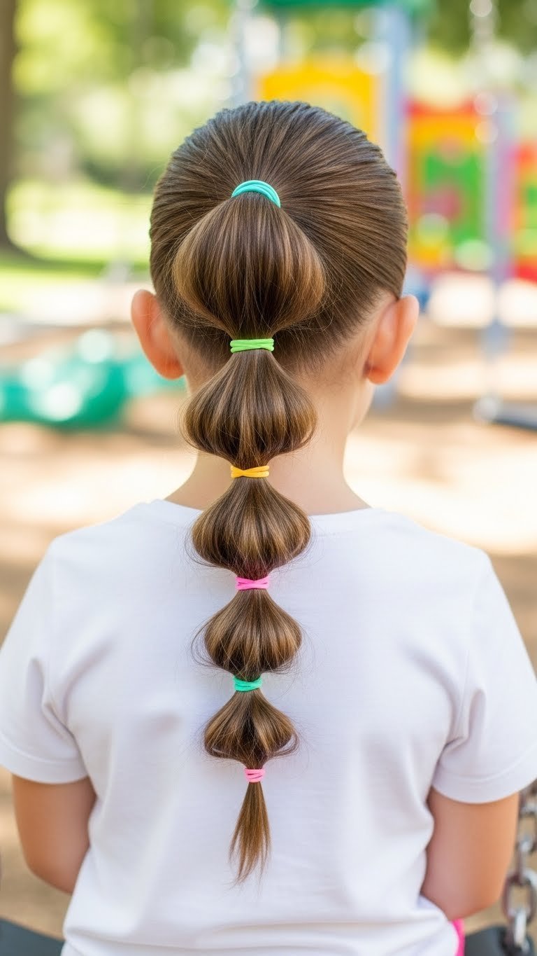 Young child's playful bubble ponytail with colorful hair ties in vibrant playground setting with bright daylight.