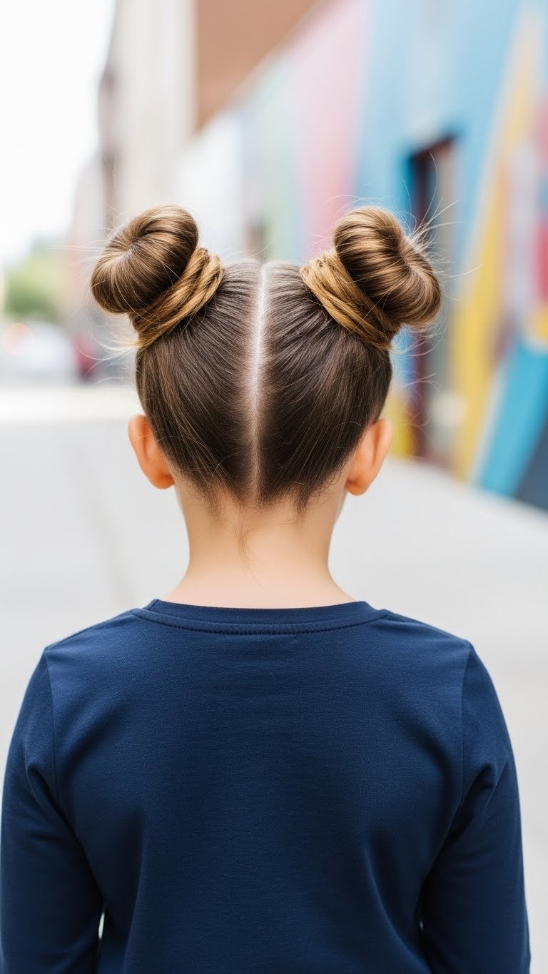 Young child's playful space buns hairstyle in vibrant urban setting with colorful mural background.