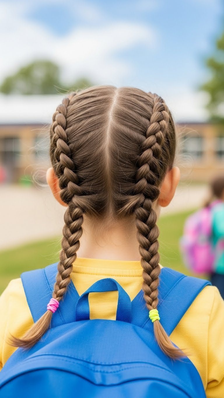 Young child's quick braided pigtails with bright hair ties in natural outdoor playground setting with soft bokeh background.