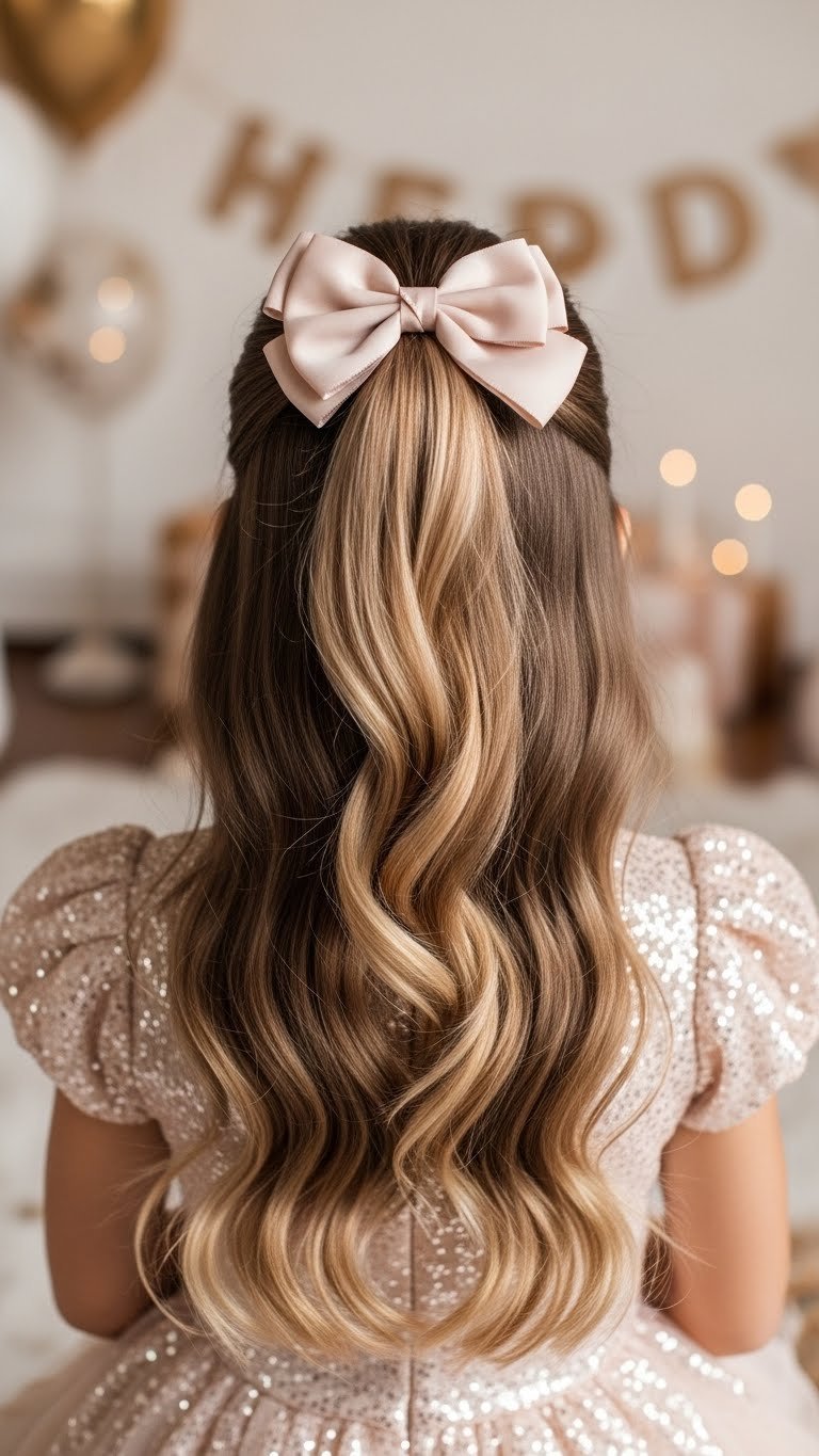 Young girl's half-up half-down hairstyle with satin bow in elegant party setting with warm golden hour lighting.