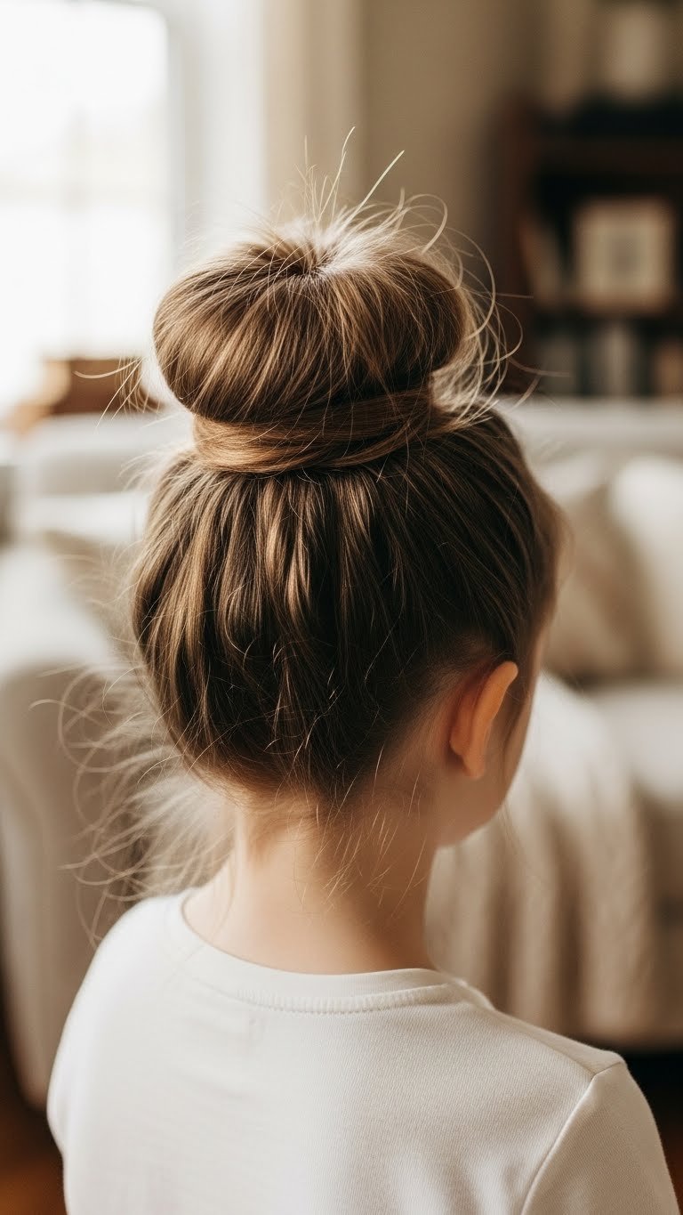 Young girl's simple messy bun hairstyle with soft wisps in cozy indoor setting with warm natural window lighting.