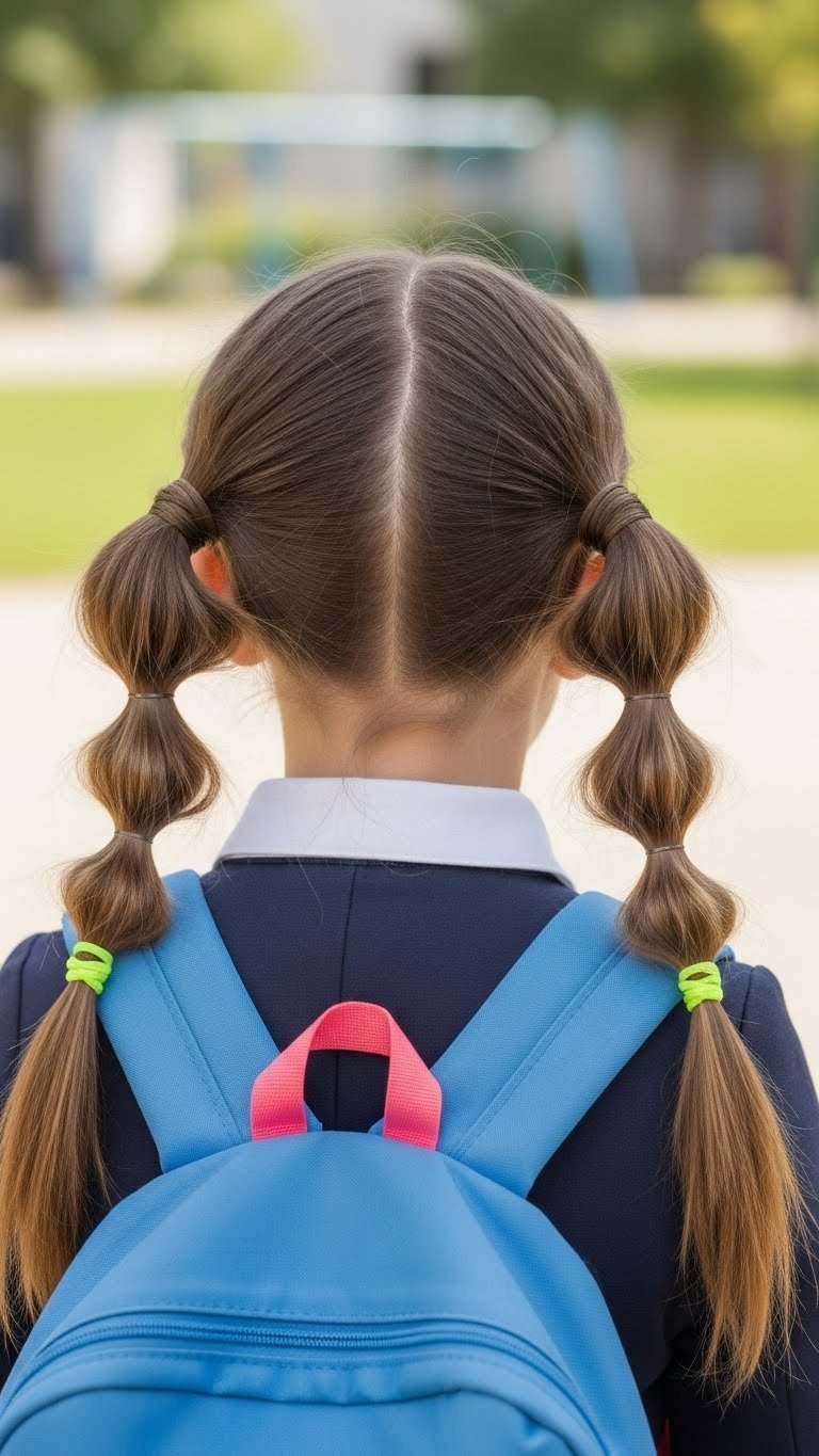 Young student with charming twisted pigtails hairstyle in bright daylight against colorful school playground background