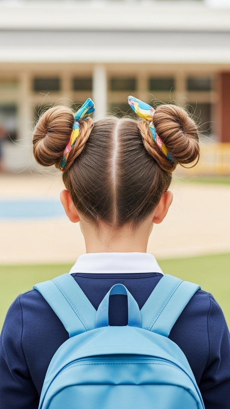 Young student with playful pigtail buns hairstyle in bright daylight against colorful school playground environment