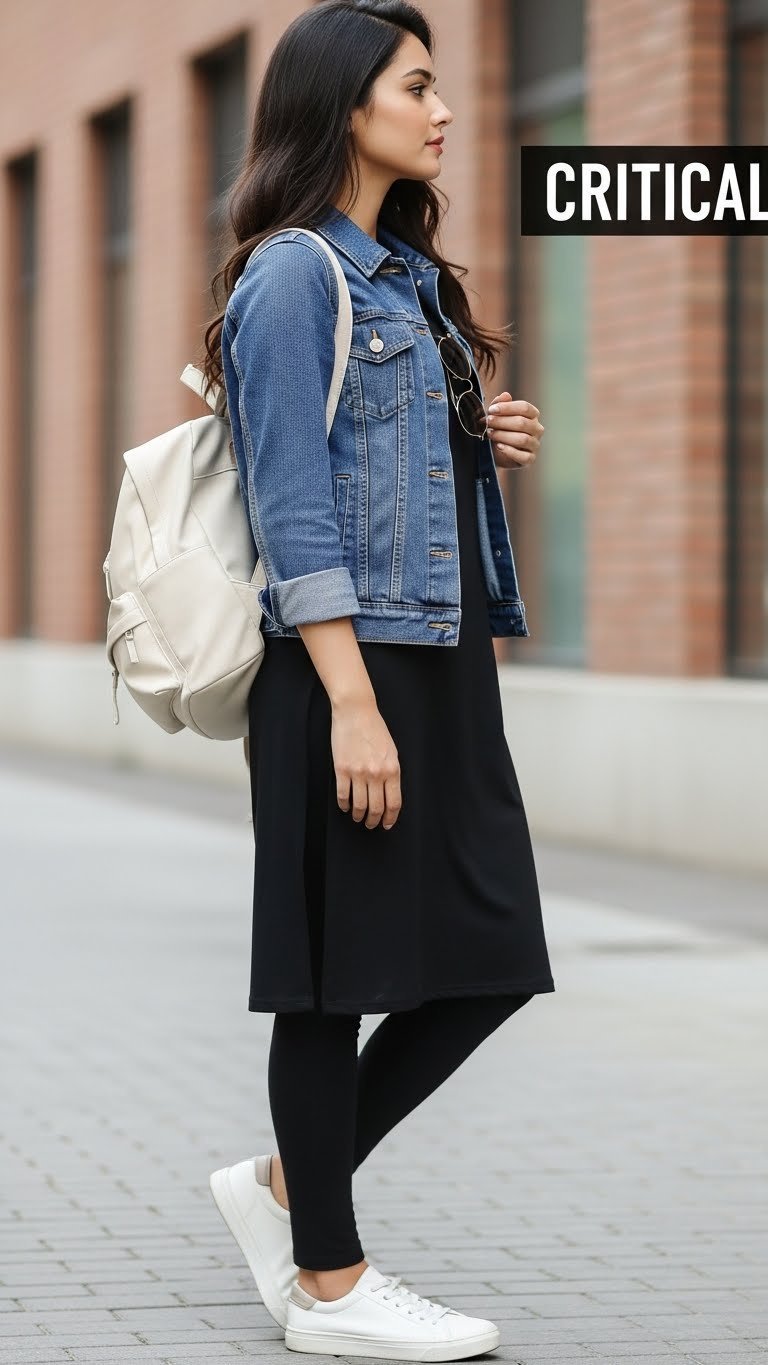 Young woman in black kurti with denim jacket and leggings against urban brick wall backdrop