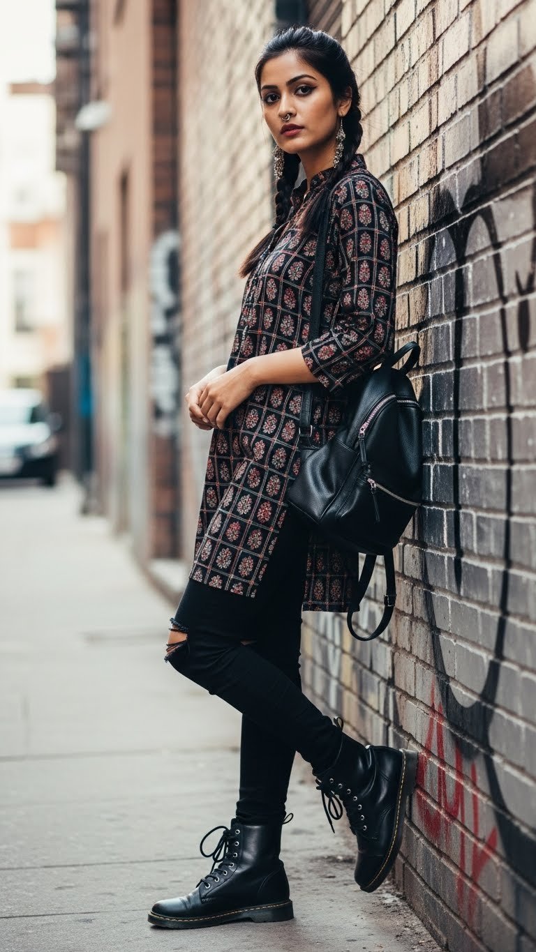 Young woman in dark block-printed kurti with distressed black jeans against graffiti wall