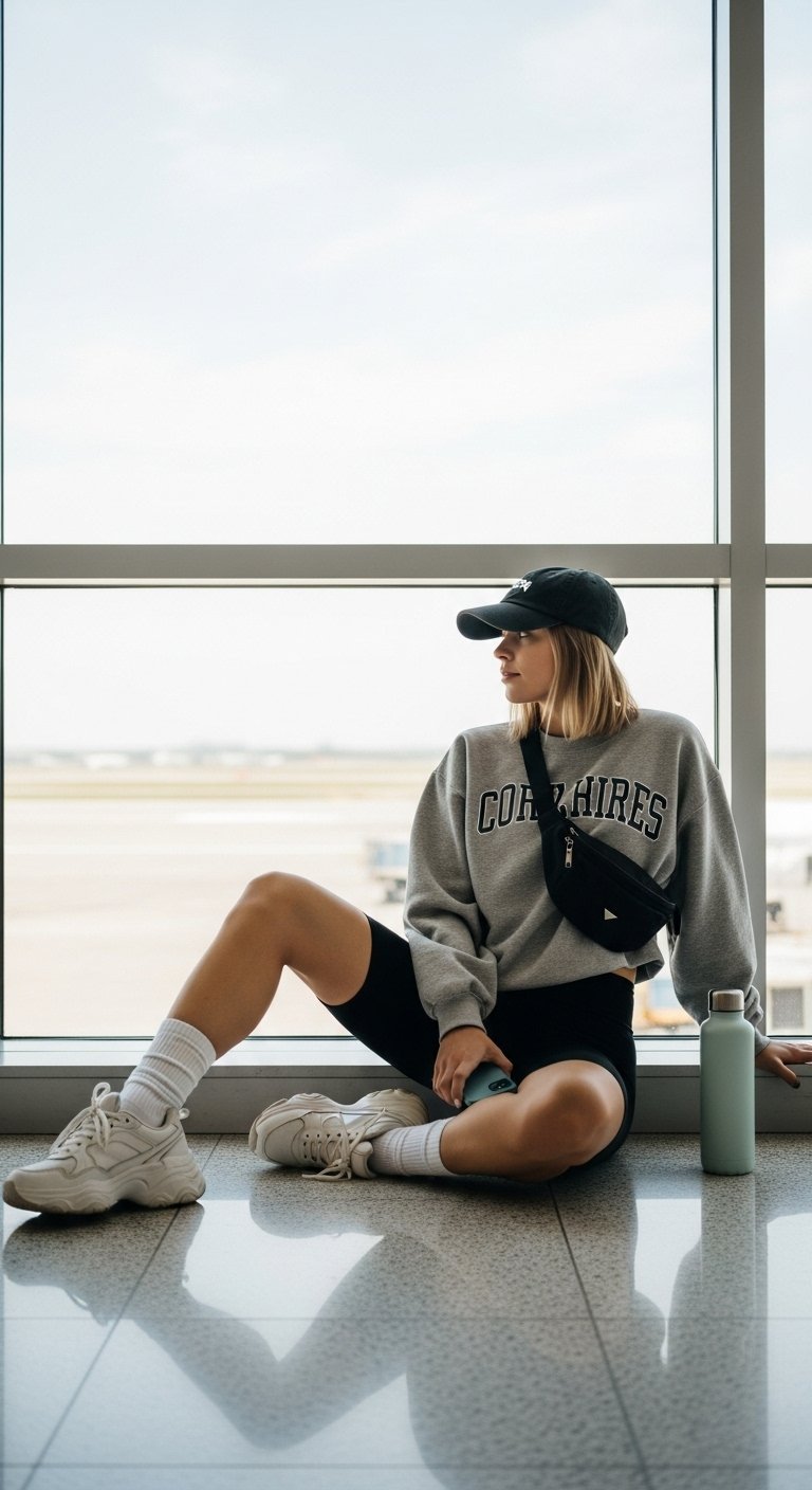 Young woman in trendy athleisure outfit sitting by airport window in bike shorts and oversized sweatshirt with baseball cap