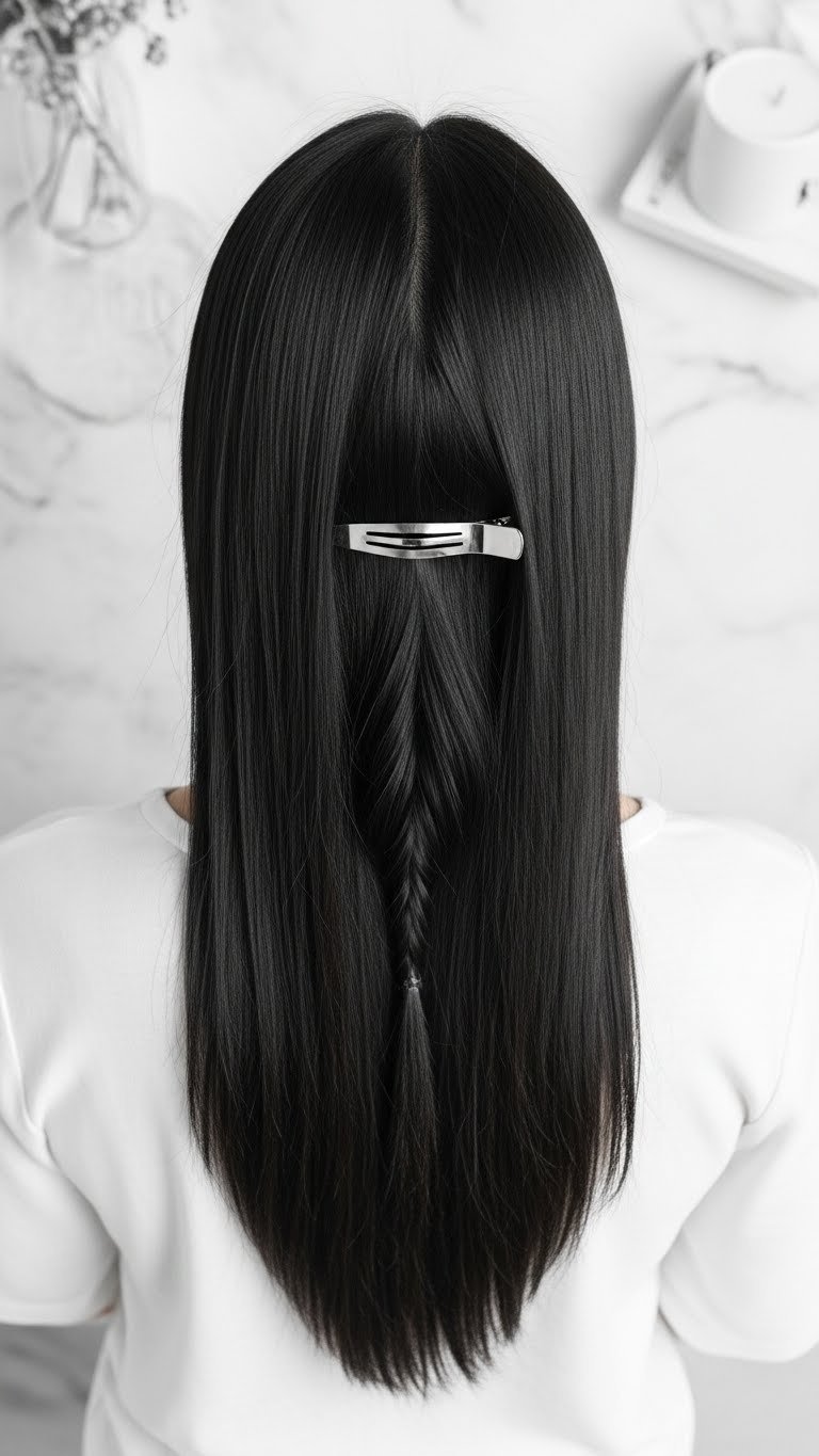 Zigzag part hairstyle with sharp part separating long black hair in flat lay composition