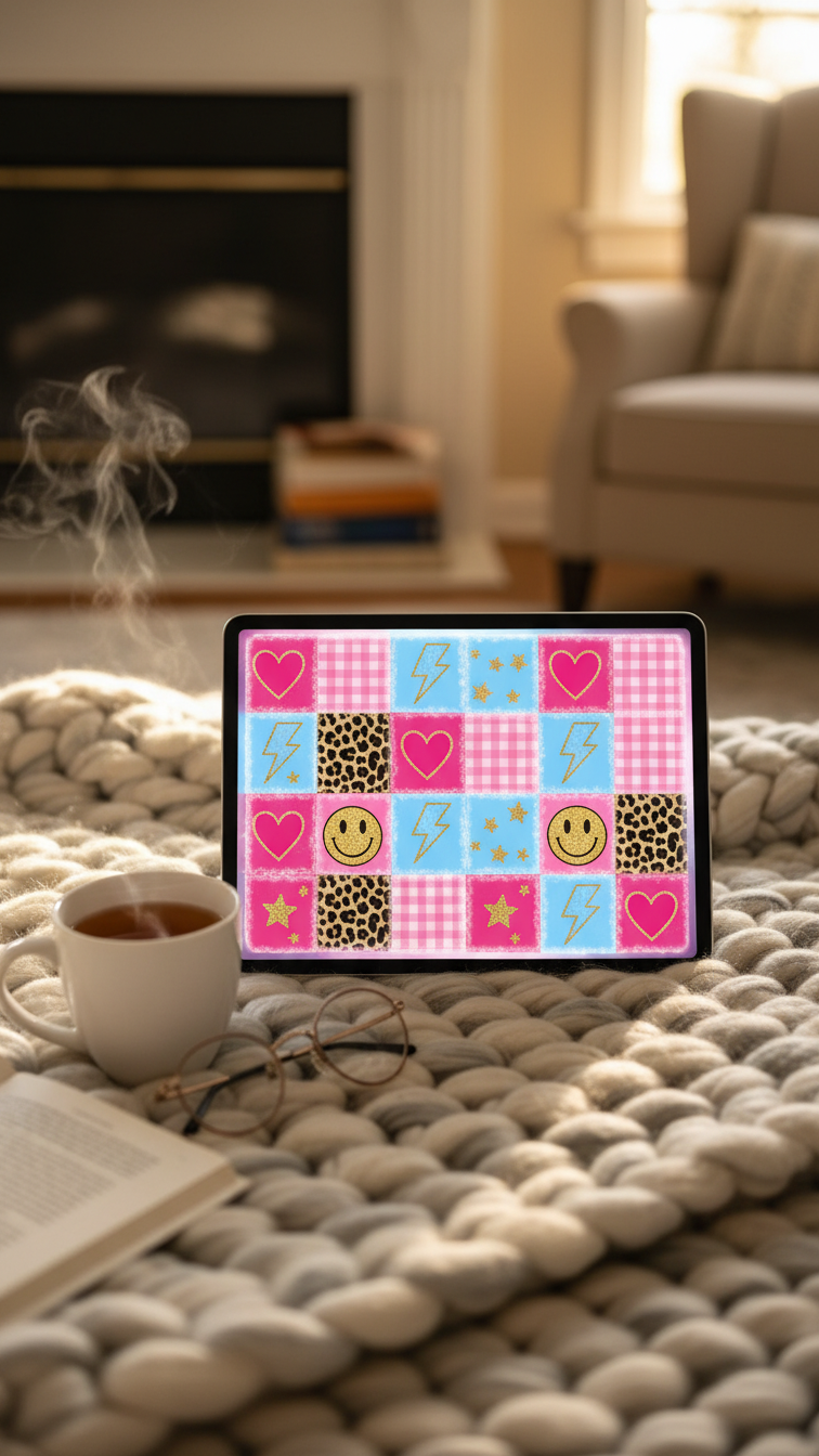 iPad displaying vibrant preppy patchwork collage wallpaper with hearts and patterns on cozy knitted blanket flat lay.